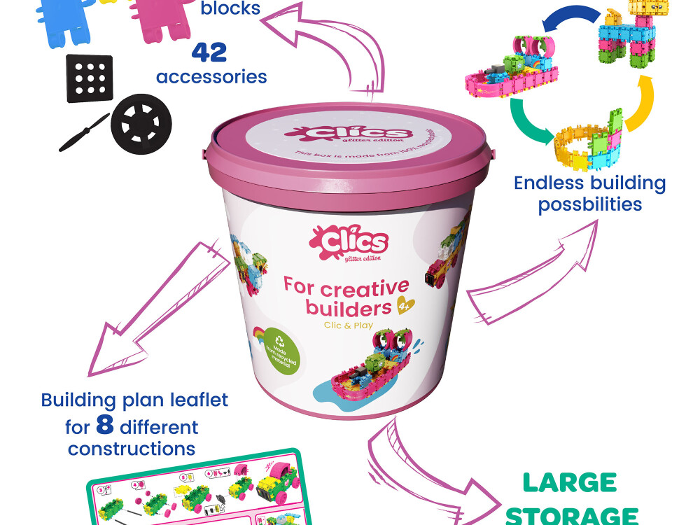 Clics Bucket - Glitter 175 Pcs + 8 Plans